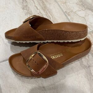 Birkenstock Madrid Single Strap Slide Sandals — Cognac Brown with Gold Buckle